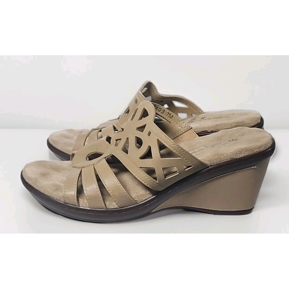 Walking Cradles Sz 7 Beige Cutout Wedge Slide Sandals Dressy Prairie Casual #301